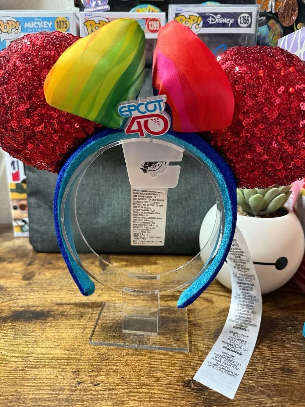 NWT Disney Parks EPCOT 40th Anniversary Red Sequin Ear Headband with Rainbow Bow
